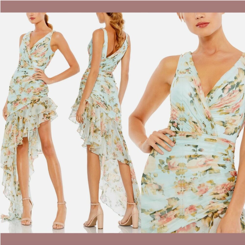NWT $238 Mac Duggal [ 4 ] Floral Print Asymmetrical Ruffle Hem Dress Blue‎ #Q665